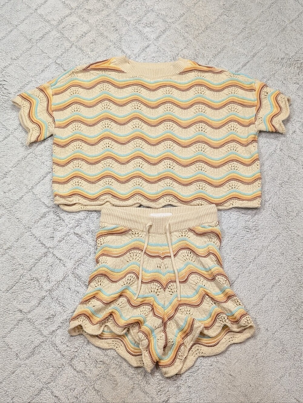 L Space Sweater Top Womens XS Beige Tan Make Waves Crochet Knit Set Resort